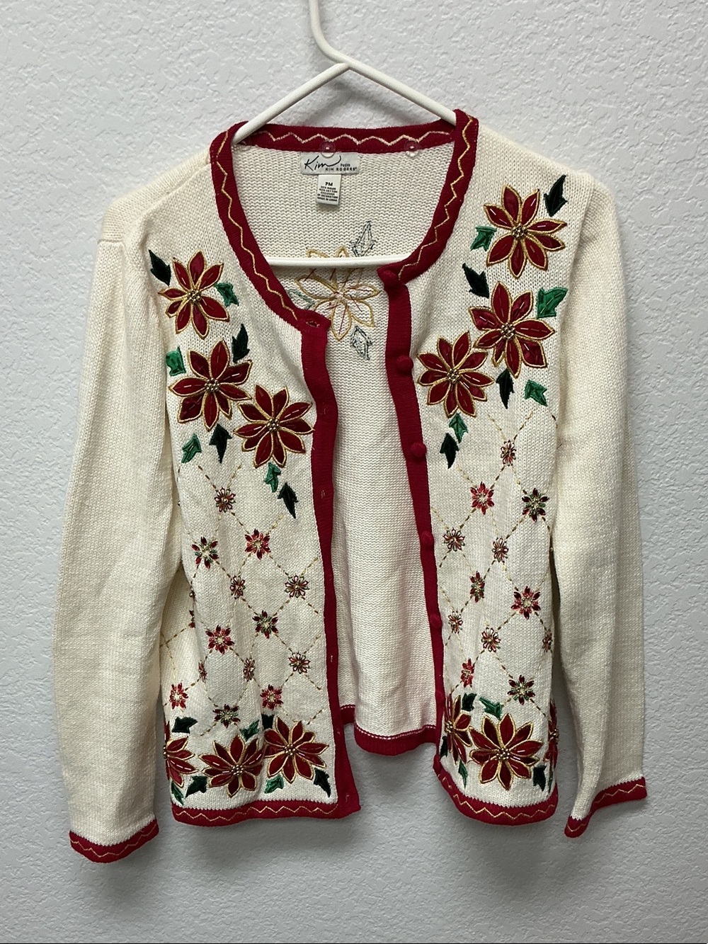 Kim Rogers Cream Cardigan with Red & Green Floral Embroidery